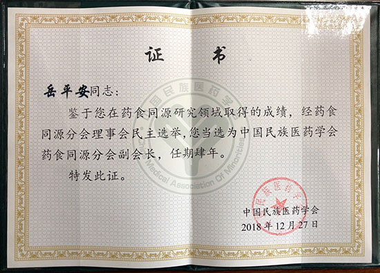喜讯！恭喜岳平安董事长荣获“中国民族医药学会药食同源分会副会长”
